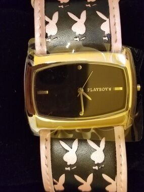 PLAYBOY Black & Pink Bunny Motif Gold-Tone Watch